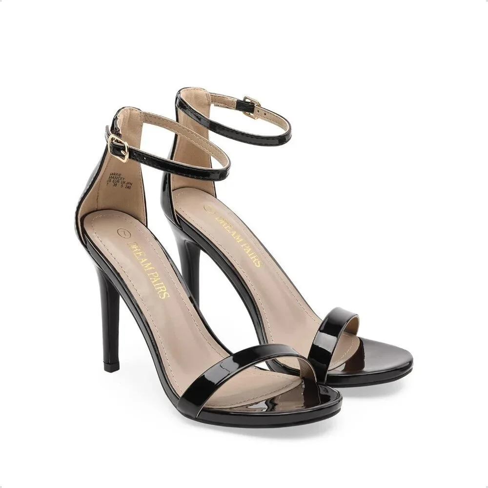 Women's Black-Pat Flower Ankle Strap Stiletto Round Open Toe Stylish Heel Shoe